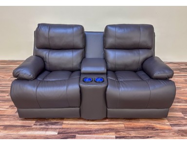 Brand New Kendra Power Reclining Leather Console Loveseat With Power Headrest Reduced 70%